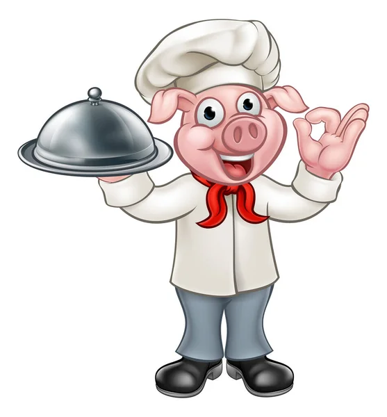 Cartoon Chef Pig Character Mascot Holding Silver Platter Cloche Food — Stock Vector