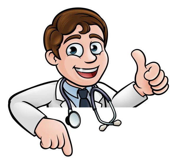 Cartoon Doctor Wearing Lab White Coat Stethoscope Peeking Sign Pointing — Stock Vector