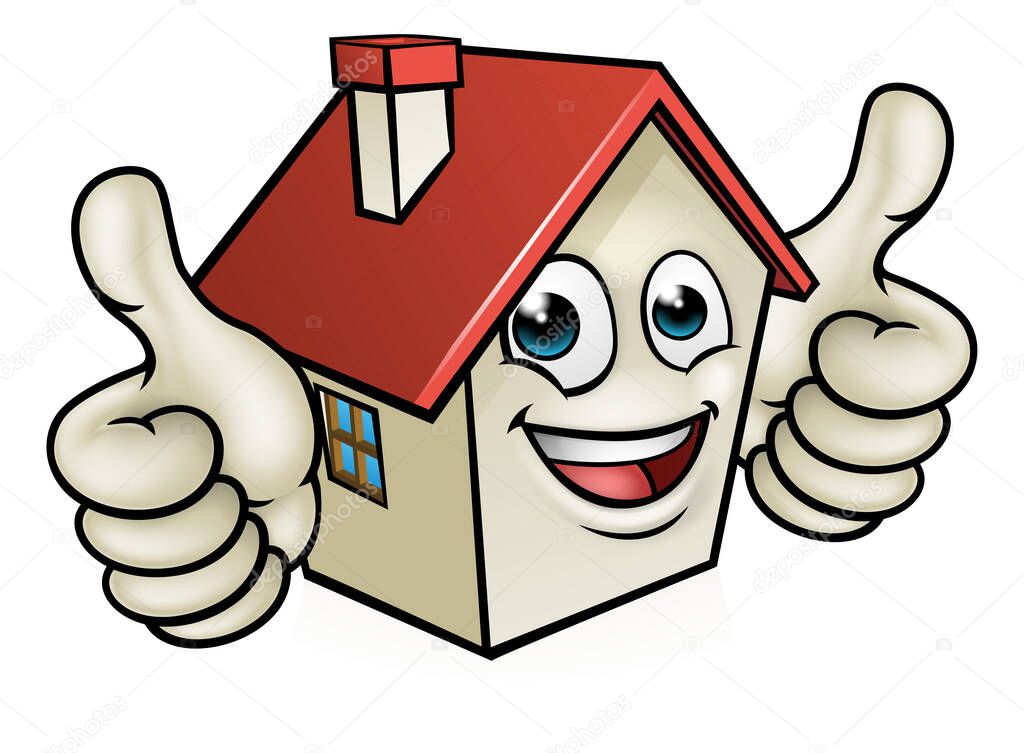 A house cartoon mascot character giving a double thumbs up