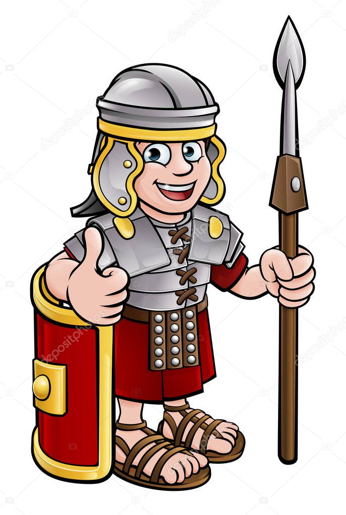 A Roman soldier cartoon character holding a spear and giving a thumbs up