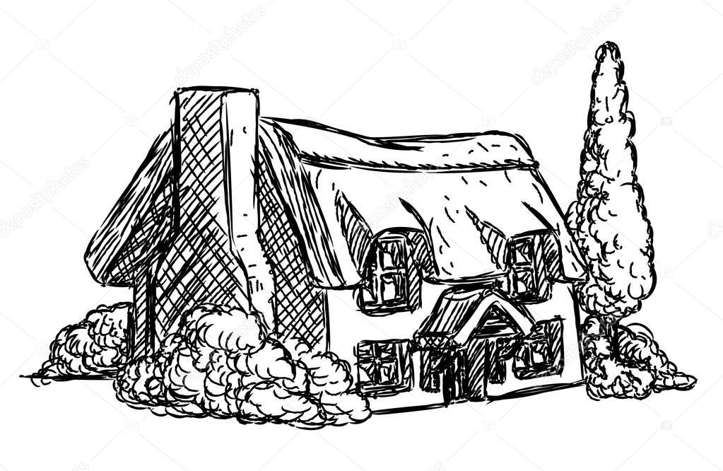 A farm cottage house in a retro grunge hand drawn style