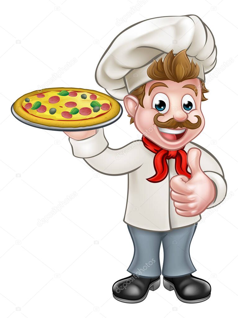Cartoon chef cook character holding a pizza and giving a thumbs up