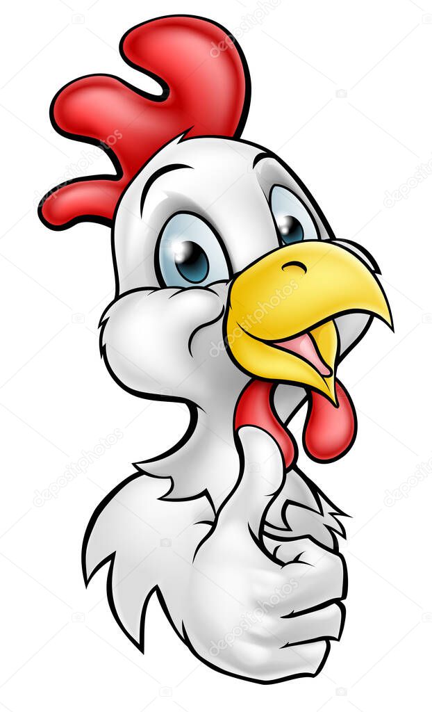 Chicken or rooster cartoon character smiling and giving a thumbs up