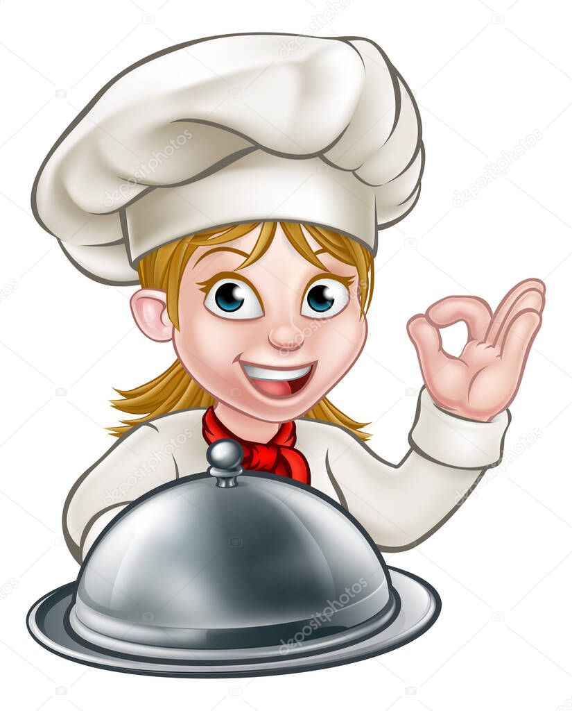 Cartoon woman chef or baker character holding a silver cloche food meal plate platter and giving a perfect okay delicious cook gesture