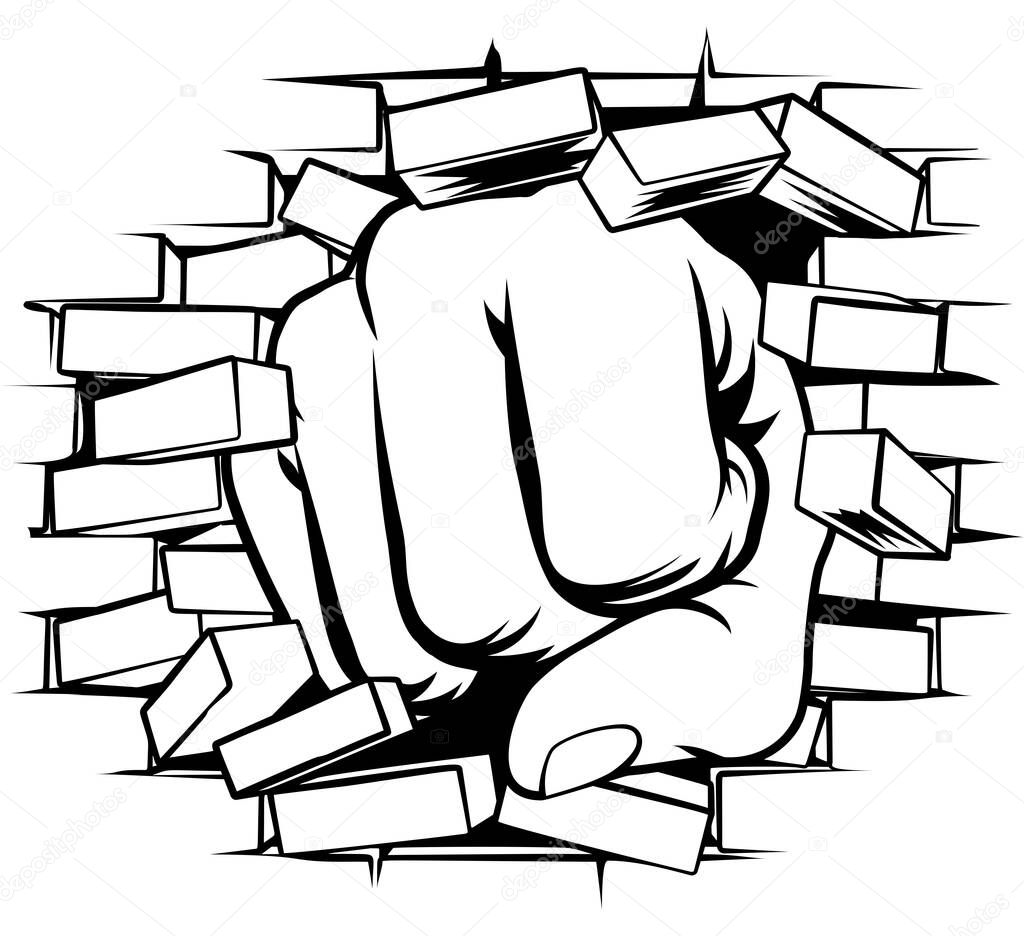 A pop art comic book cartoon fist punching a through a brick wall