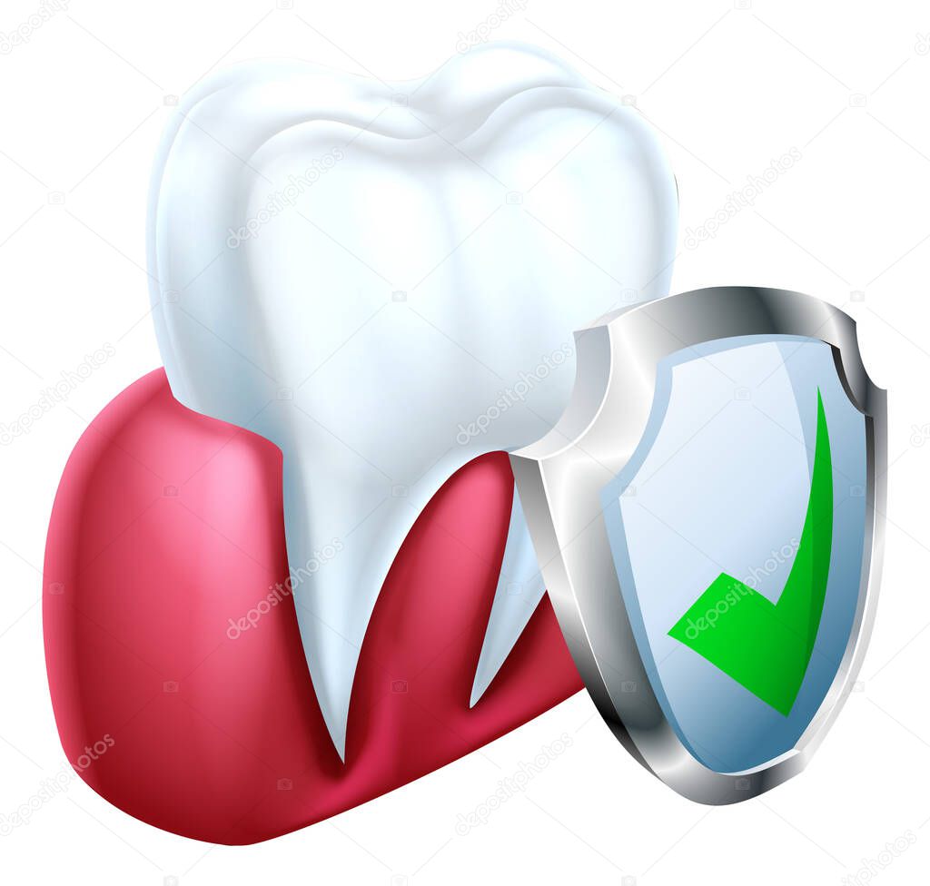A medical dental illustration of a tooth and gum being protected shield icon