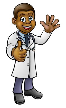 Bir doktor çizgi film karakteri el sallıyor ve baş parmak sallıyor.