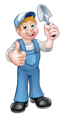 Bir çizgi film bahçıvanı bahçe aletini tutuyor ve baş parmağını kaldırıyor.