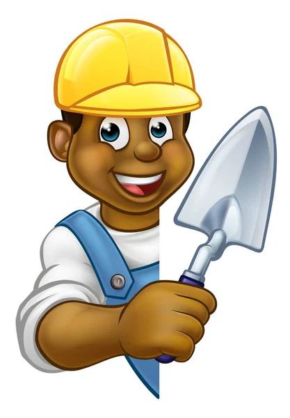 石匠一种卡通画的黑人建筑工人或砖匠 拿着石匠的砖 手拿着铲子工具 头戴硬礼帽 在标志周围窥视 — 图库矢量图片