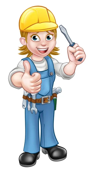 Eletricista Personagem Desenho Animado Handyman Segurando Uma Chave Fenda Dando — Vetor de Stock