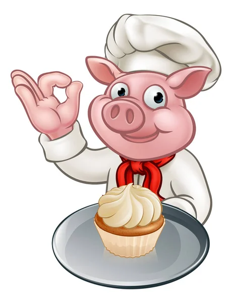 Une Mascotte Personnage Dessin Animé Boulanger Chef Porc Tenant Gâteau — Image vectorielle