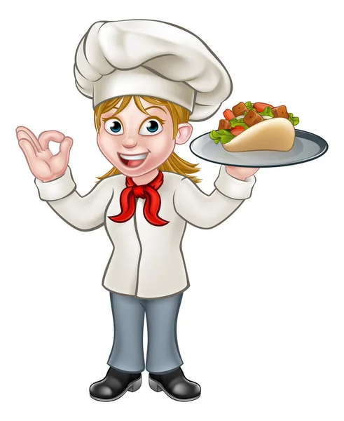 Cartoon Female Chef Character Holding Kebab — Stock Vector