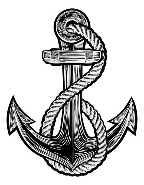 旧式海军纹身风格船舶锚和绳的原始图例 — 图库矢量图片