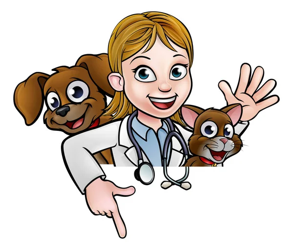 卡通片中的女兽医角色 有宠物猫和宠物狗在标志上方指点 — 图库矢量图片