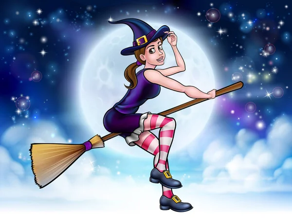 Witch Halloween Friendly Cartoon Character Flying Broomstick Front Full Moon — Stock Vector