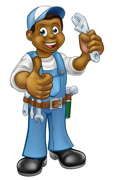 Black Plumber Mechanic Handyman Cartoon Character Holding Spanner Giving Thumbs — Stock Vector