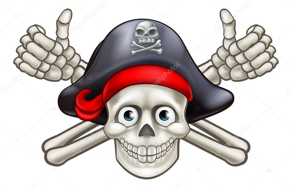 Pirate skull and crossbones Jolly Roger giving a thumbs up