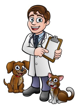 Bir veteriner çizgi film karakteri, elinde bir pano olan ve onu işaret eden kedi ve köpek hayvanları.