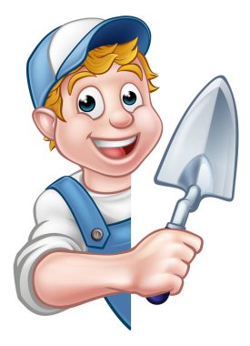 Çizgi film yapımcısı ya da tuğla ustası inşaat işçisi elinde tuğla döşeyen bir el aleti ile tabelanın etrafına yaslanmış.