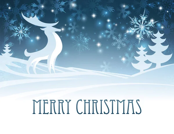 スタイルの鹿とクリスマスツリーと雪のフレークとメリークリスマス冬の雪景色のシーン — ストックベクタ