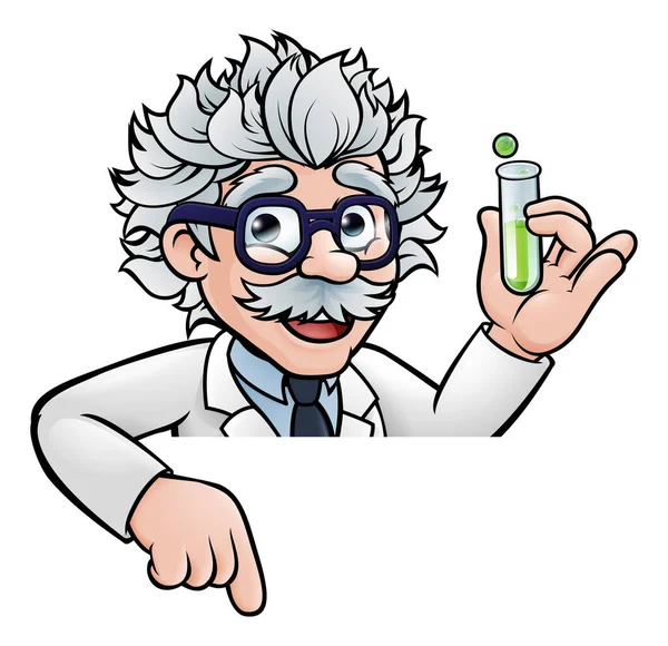 白いコートを身に着けている漫画の科学者教授テスト管で上の記号を見て それを指して — ストックベクタ