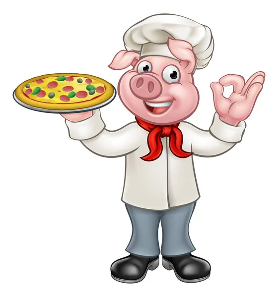 Een Pizzeria Chef Kok Varken Mascotte Cartoon Karakter Met Een — Stockvector