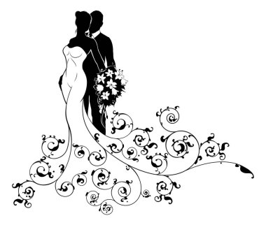 A bride and groom wedding couple in silhouette, the bride in a white bridal dress gown holding a floral bouquet of flowers with an abstract floral pattern design
