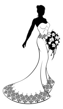 A bride silhouette with the bride in a white bridal dress gown holding a floral wedding bouquet of flowers