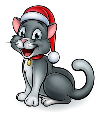 Noel Baba şapkası takan sevimli bir kedi çizgi film karakteri.