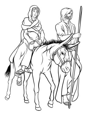 Religious Christian Nativity Christmas illustration of Joseph and Virgin Mary mother of Jesus riding a donkey on their journey in the desert