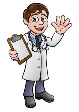 Bir doktor çizgi film karakteri elinde bir pano ve el sallıyor.