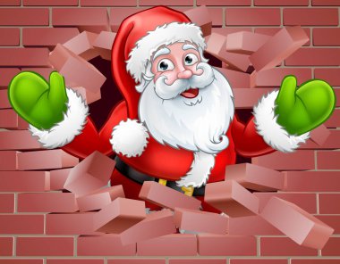 A Christmas illustration of Santa breaking through a wall background