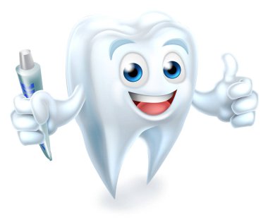 Çizgi film karakteri dişçi, maskot, diş macunu tutuyor ve baş parmağını kaldırıyor.