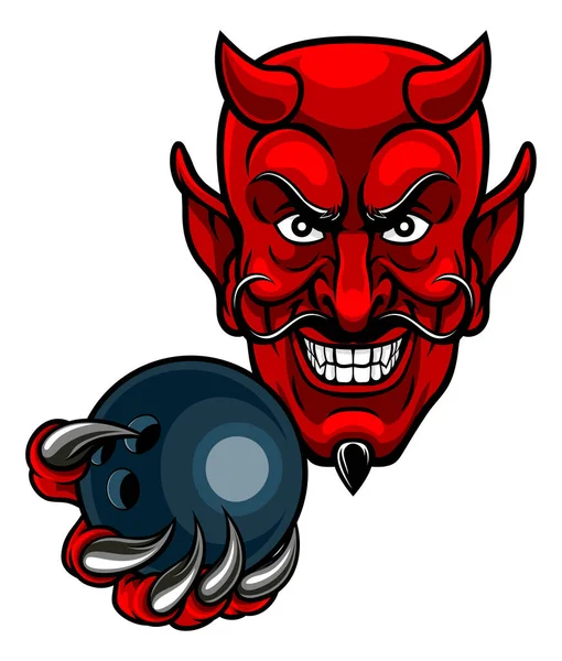 Devil Cartoon Character Sports Mascot Holding Ten Pin Bowling Ball — Stockvector