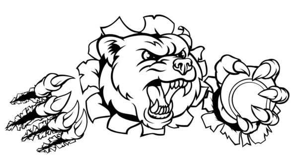 Bear Angry Animal Sports Mascot Holding Tennis Ball Breaking Background — Stockvektor