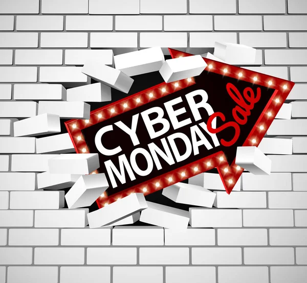 Panneau Vente Cyber Monday Perçant Mur Briques Blanches — Image vectorielle