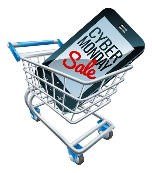 Cyber Monday Sale Sign Mobile Phone Screen Shopping Supermarket Cart — Vector de stock