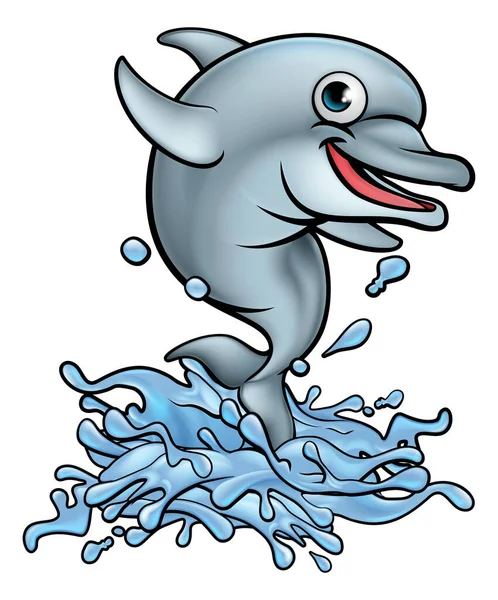 Dolphin Cartoon Character Jumping Out Water Making Big Splash — Image vectorielle