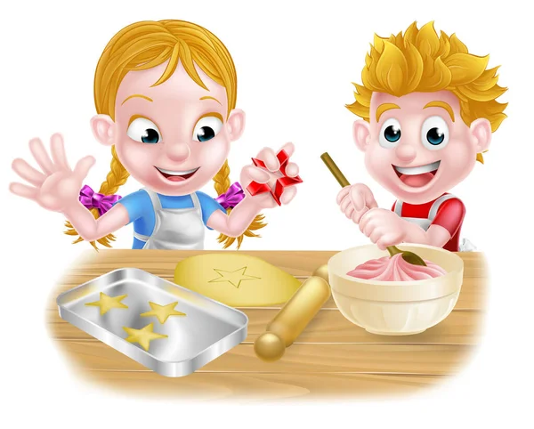 Cartoon Boy Girl Baking Cooking Cakes Chefs Kitchen — Vettoriale Stock