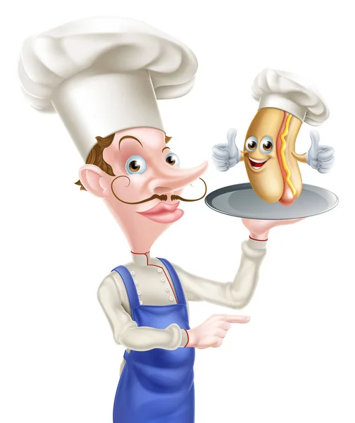 Illustration Hot Dog Cartoon Chef Pointing — Vector de stock