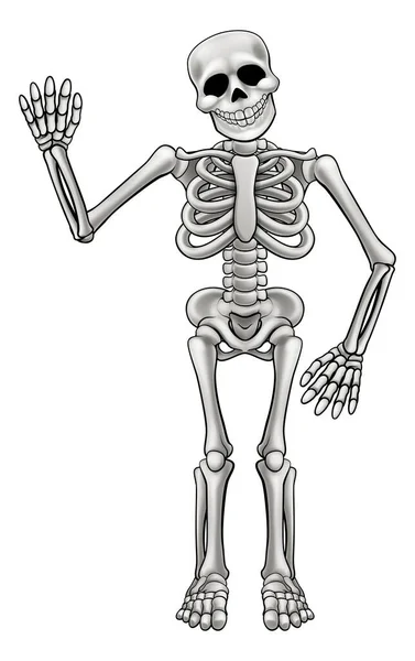 Cartoon Skeleton Mascot Halloween Character Waving Hand Smiling — Vector de stock