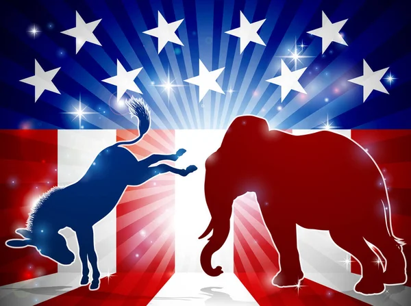 アメリカの国旗を背景にしたシルエットの象とロバ民主主義者と共和党の政治的マスコット動物 — ストックベクタ