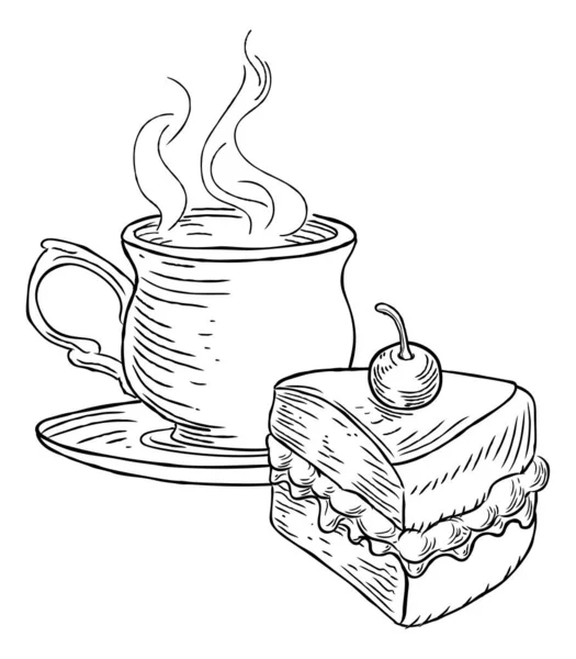 Steaming Cup Tea Coffee Sponge Cake Hand Draw Retro Vintage — Vetor de Stock