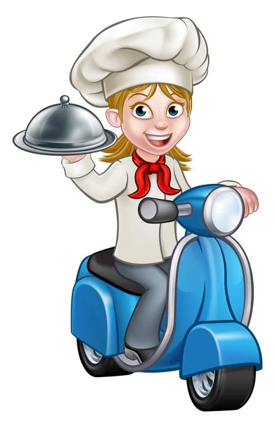 卡通女厨师或厨师角色骑摩托摩托车送银团餐盘盘 — 图库矢量图片