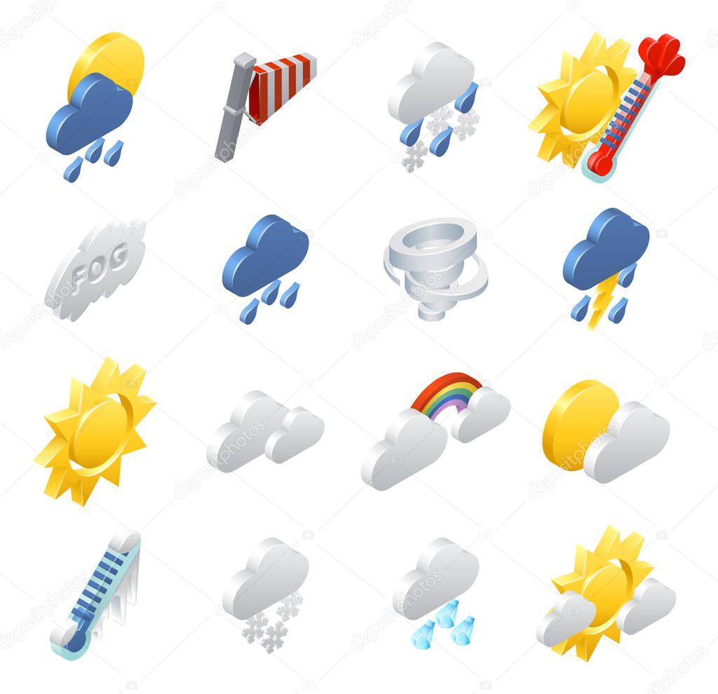 A set of 3d isometric weather forecast icons