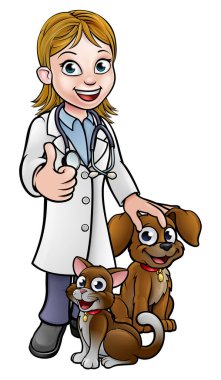 Bir çizgi film karakteri, evcil kedi ve köpek hayvanlarıyla baş parmağını kaldırıyor.