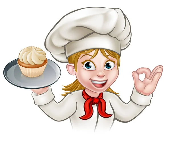 Female Woman Chef Baker Cartoon Character Holding Plate Frosted Cupcake — Stockvektor