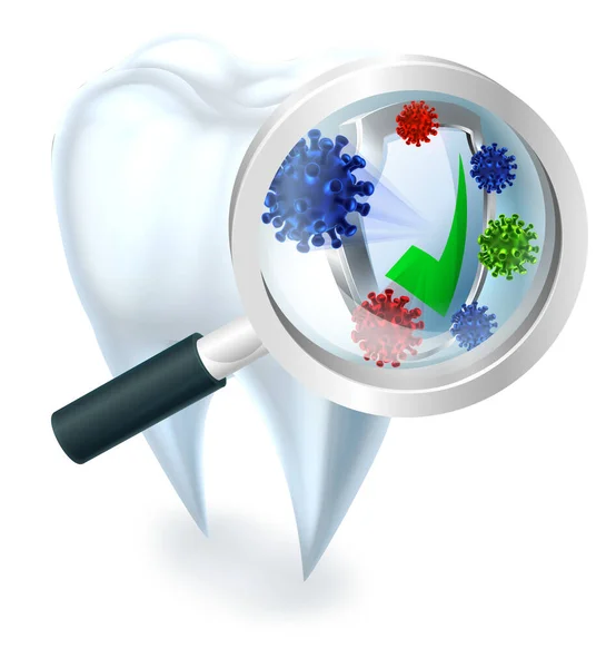 用放大镜放大的护盾保护牙齿不受细菌侵害的医疗用牙齿图例 — 图库矢量图片