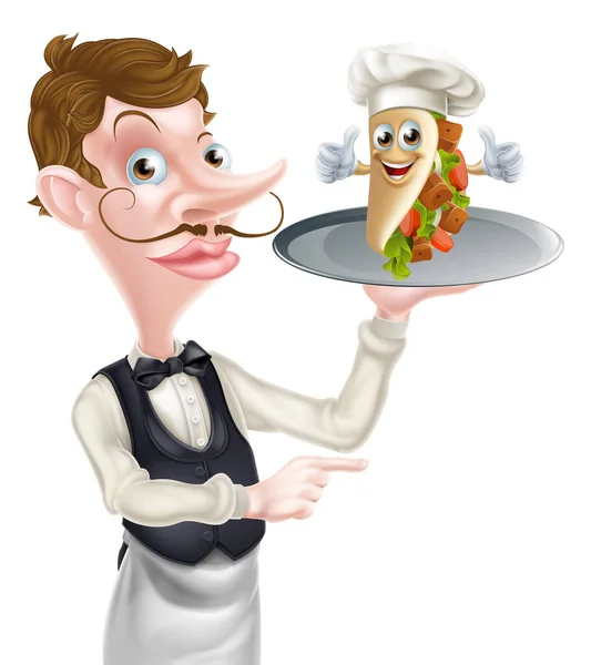 Illustration Pointing Waiter Holding Kebab Mascot — Stock Vector