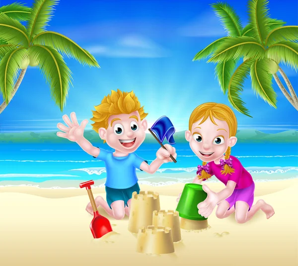 Two Children Having Fun Building Sandcastles Tropical Beach Palm Trees — Vetor de Stock